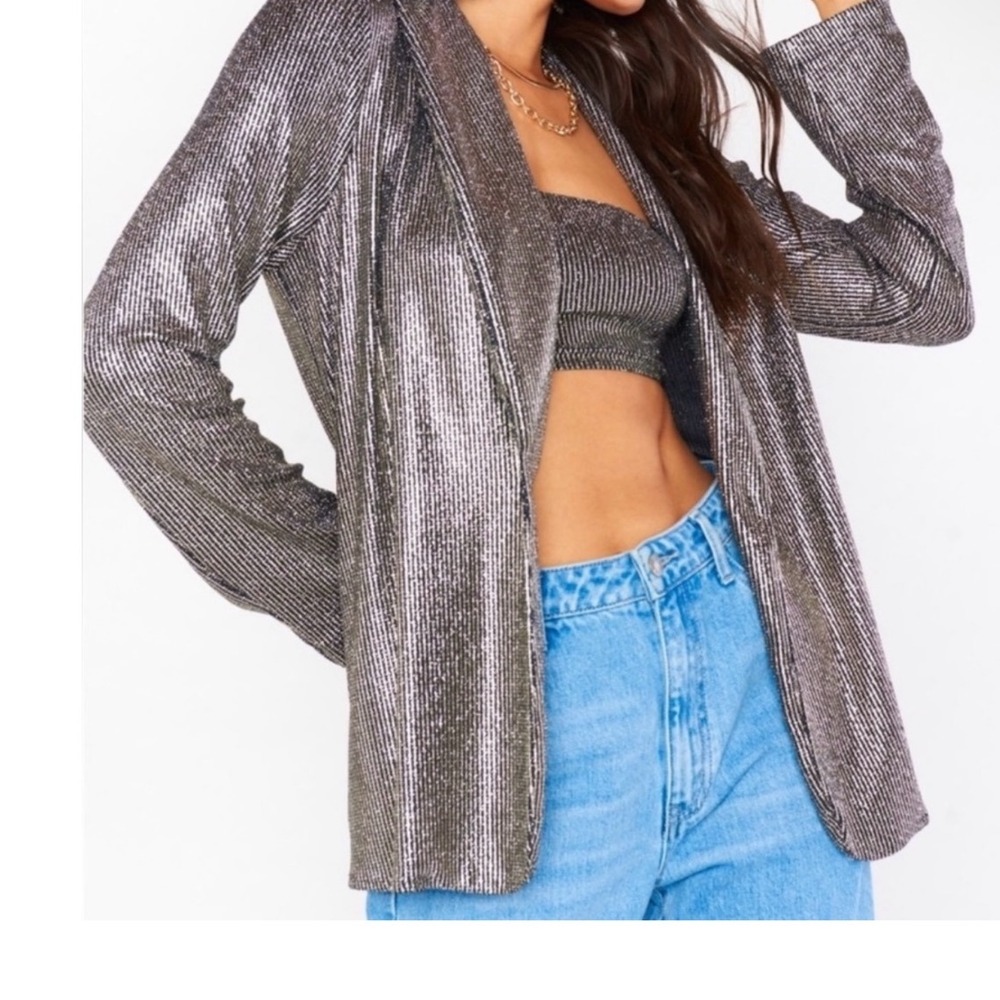 SHOW ME YOUR MUMU Women's Metallic Disco Blazer Jacket Size L Black Silver - Picture 2 of 10